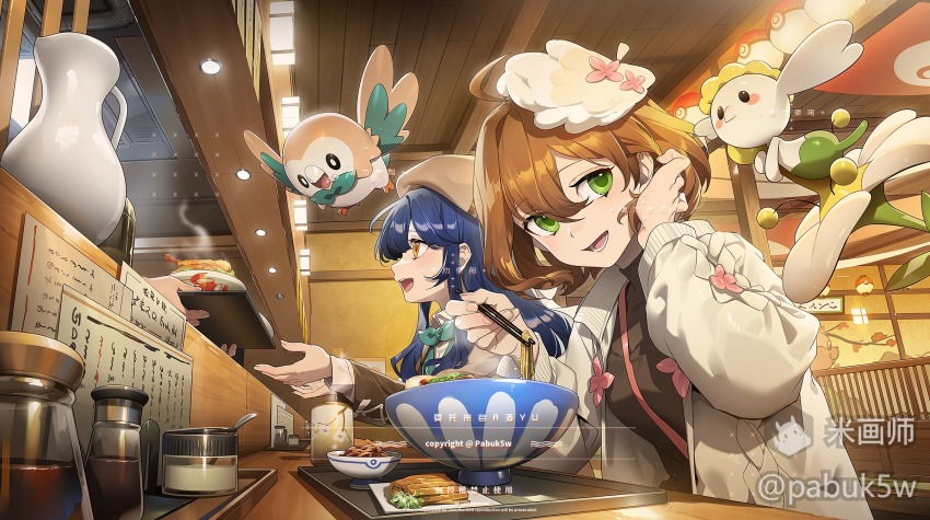 2girls ahoge artist_name beret black_shirt blue_hair bow bowl bowtie brown_hair brown_hat brown_jacket chopsticks coat collared_shirt cup drooling eating flabebe food gen_6_pokemon gen_7_pokemon giving green_bow green_bowtie green_eyes hair_between_eyes hat highres holding holding_chopsticks holding_tray jacket long_hair long_sleeves medium_hair mihuashi_logo multiple_girls nintendo noodles open_clothes open_coat open_mouth original pabuk5w pokemon pokemon_(creature) ramen restaurant rowlet shirt shrimp shrimp_tempura smile tempura tray tucking_hair turtleneck turtleneck_shirt watermark white_coat white_shirt yellow_eyes yunomi