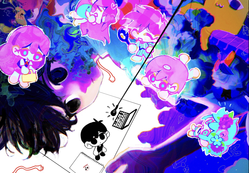 2girls 4boys aqua_eyes aqua_flower aqua_hair aqua_pajamas aqua_pupils aqua_shirt aubrey_(headspace)_(omori) aubrey_(omori) barefoot basil_(headspace)_(omori) basil_(omori) big_yellow_cat_(omori) black_hair bright_pupils brother_and_sister brothers chibi closed_eyes closed_mouth colored_skin commentary_request computer double-parted_bangs dual_persona egg_(food) empty_eyes flower flower_wreath food fried_egg from_above frying_pan full_body hair_behind_ear hair_between_eyes head_wreath heart hector_(omori) hero_(headspace)_(omori) hero_(omori) highres holding holding_frying_pan kel_(headspace)_(omori) kel_(omori) laptop light_bulb looking_at_another looking_at_viewer mari_(headspace)_(omori) mari_(omori) mimiiri miniskirt multiple_boys multiple_girls no_pupils notice_lines omori omori_(omori) open_mouth outline pajamas pink_eyes pink_flower pink_hair pink_rose pink_skirt pinwheel purple_flower purple_sweater_vest rock rose shirt short_hair short_sleeves siblings sketchbook skirt smile sparkle striped_pajamas sunny_(omori) sweater_vest vertical-striped_clothes vertical-striped_pajamas white_outline white_shirt white_skin
