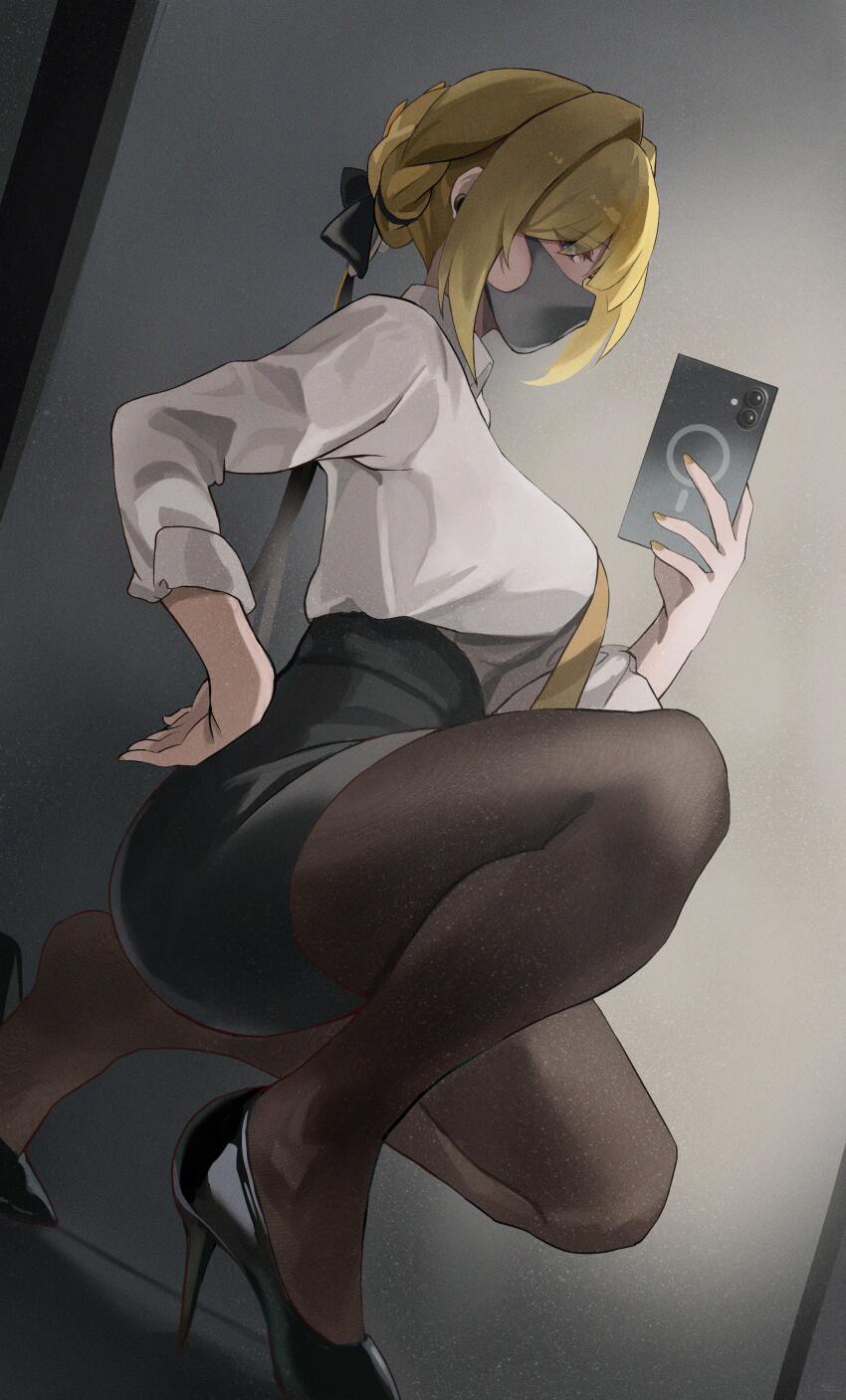 1girl absurdres black_pantyhose blonde_hair breasts cellphone collared_shirt commentary_request dutch_angle evelyn_chevalier from_side hair_ribbon high_heels highres holding holding_phone large_breasts mask mirror_selfie mouth_mask necktie office_lady pantyhose patent_heels phone pumps purple_eyes ribbon selfie shirt shirt_tucked_in shoes sleeves_rolled_up smartphone solo squatting stiletto_heels white_shirt yato_(yama0x1) yellow_necktie zenless_zone_zero