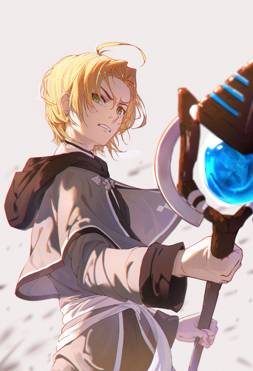 1boy absurdres ahoge capelet clenched_teeth commentary foreshortening green_eyes grey_background grey_capelet grey_robe highres holding holding_staff long_sleeves mage_staff male_focus mole mole_under_eye mushoku_tensei robe rudeus_greyrat short_hair solo staff suikagcy teeth upper_body