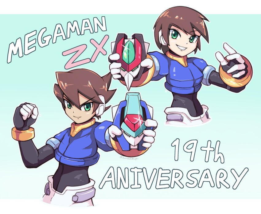 1boy 1girl aile_(mega_man_zx) anniversary black_bodysuit blue_background blue_jacket bodysuit bodysuit_under_clothes border brown_hair closed_mouth copyright_name cowboy_shot cropped_jacket green_eyes henshin_pose highres holding jacket mega_man_(series) mega_man_zx model_x_(mega_man) model_z_(mega_man) parted_lips robot_ears short_hair simple_background smile smirk surrealmason teeth twitter_username vent_(mega_man) white_border