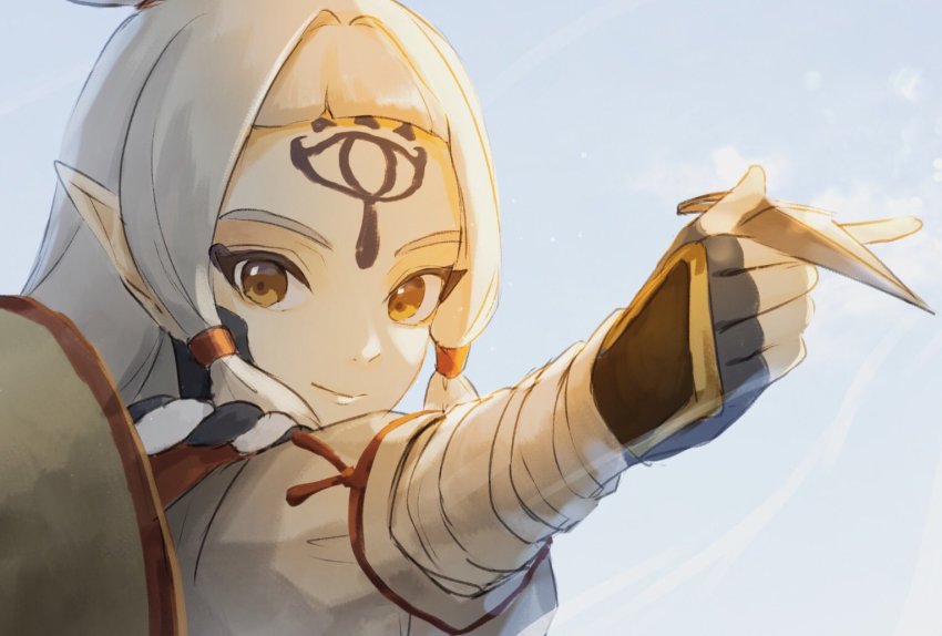 1girl ajirogasa black_gloves closed_mouth commentary_request eye_symbol facial_mark fingerless_gloves forehead_mark gloves hair_bun hat hat_on_back holding holding_weapon hyrule_warriors:_age_of_calamity impa kunai long_hair looking_at_viewer low-tied_long_hair nintendo pointy_ears sheikah single_hair_bun smile solo tete_tuyuten the_legend_of_zelda the_legend_of_zelda:_breath_of_the_wild unworn_hat unworn_headwear weapon white_hair yellow_eyes