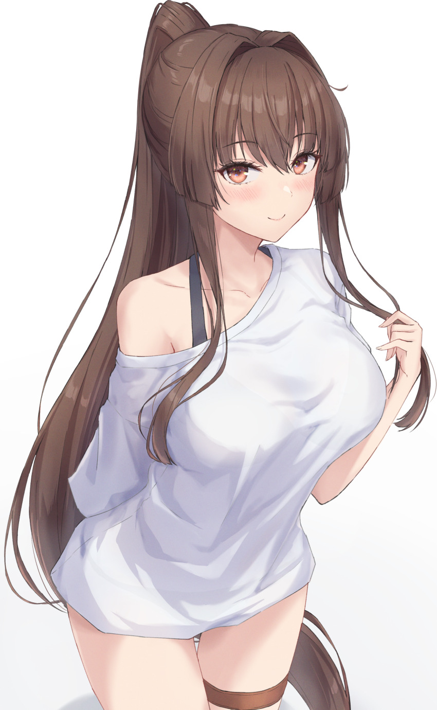 1girl absurdres alternate_costume blush brown_eyes brown_hair closed_mouth collarbone from_above highres kantai_collection long_hair looking_at_viewer monoku ponytail shirt short_sleeves simple_background smile solo thigh_strap white_background white_shirt yamato_(kancolle)