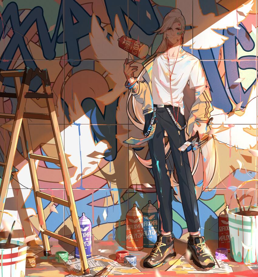 1boy absurdres bandaid bandaid_on_arm bandaid_on_face bandaid_on_hand bandaid_on_neck belt black_background black_belt black_pants black_shoes brown_eyes brown_socks cable cellphone closed_mouth copyright_name earphones flower_facial_mark full_body graffiti hand_up highres holding holding_brush holding_paintbrush jacket jianxia_qingyuan_(series) jianxia_qingyuan_online_3 ladder legs_apart long_hair long_sleeves looking_at_viewer object_in_pocket off_shoulder open_clothes open_jacket paint_can paint_splatter paint_stains paintbrush pants phone pocket ponytail shade shadow shirt shirt_partially_tucked_in shoes short_sleeves smartphone sneakers socks solo spray_can spray_paint standing swept_bangs t-shirt tossing two-tone_background very_long_hair white_background white_hair white_shirt yellow_jacket yi_er_san