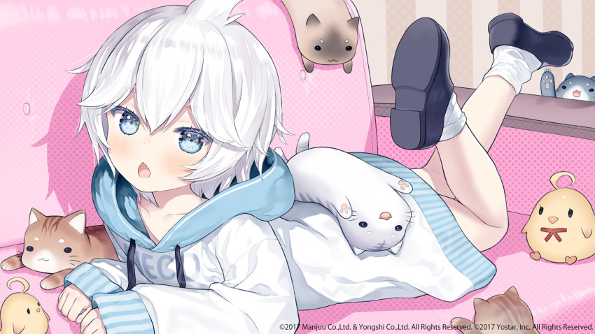 1girl animal azur_lane bird black_shoes blue_eyes blush capriccio cat chestnut_mouth clothes_writing collarbone commentary_request copyright_notice couch drawstring fang hair_between_eyes hood hood_down hoodie legs_up long_sleeves looking_at_viewer lying manjuu_(azur_lane) official_art on_couch on_stomach open_mouth puffy_long_sleeves puffy_sleeves shoe_soles shoes short_hair sleeves_past_wrists sock_pull socks solo split_mouth u-110_(azur_lane) white_hair white_hoodie white_socks
