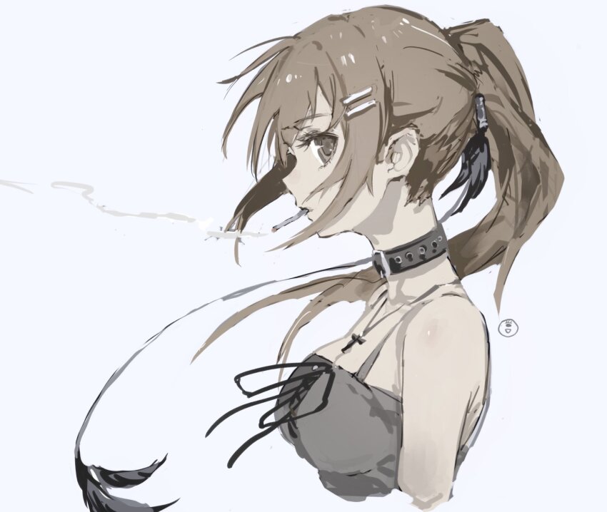 1girl parallel_hairclips belt_collar black_dress breasts brown_eyes brown_hair choker cigarette collar cropped_torso cross cross-laced_clothes cross-laced_dress cross_necklace dress from_side hair_ornament hairclip highres jewelry large_breasts latin_cross long_hair looking_at_viewer looking_to_the_side minakami_yuki mouth_hold necklace ponytail profile sideways_glance simple_background sleeveless sleeveless_dress smoke smoke_trail smoking solo subarashiki_hibi taki_(a313131333) white_background