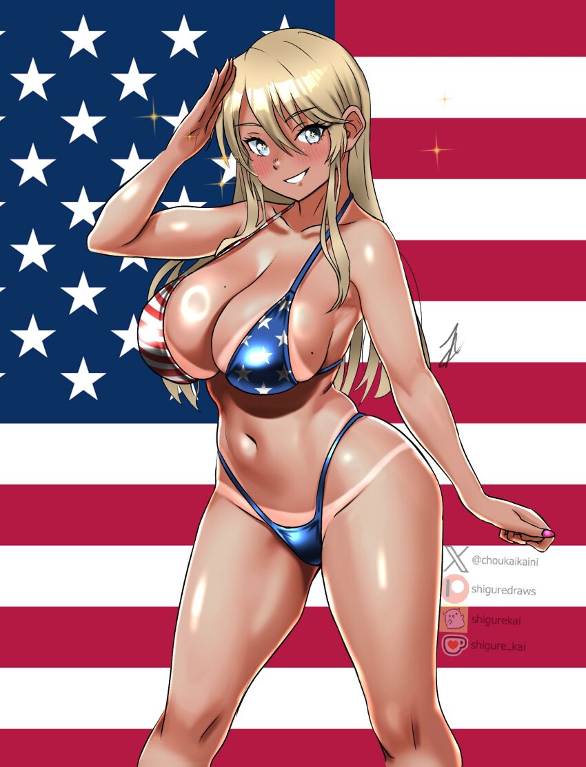 1girl alternate_costume american_flag american_flag_background american_flag_bikini american_flag_print bikini bikini_tan blonde_hair blue_eyes breasts cleavage feet_out_of_frame flag_print flag_print_bikini grin hair_between_eyes highleg highleg_bikini highres iowa_(kancolle) kantai_collection large_breasts long_hair print_bikini salute shigure_(choukaikaini) signature smile solo swimsuit tan tanline watermark