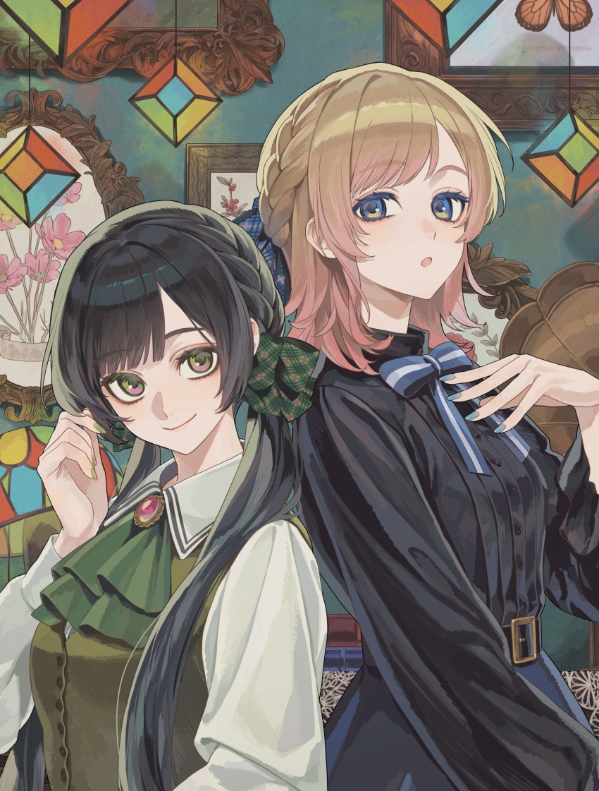 2girls absurdres aiceclass ascot belt belt_buckle black_belt black_dress black_hair blonde_hair blouse blue_bow blue_bowtie blue_nails blunt_bangs bow bowtie braid buckle collared_dress commentary_request dress dress_shirt gradient_eyes green_ascot green_bow green_nails green_vest hair_bow half_up_half_down_braid hand_up hanon_(aiceclass) highres itou_(very_ito) kotoha_(aiceclass) light_blush long_hair long_sleeves looking_at_viewer medium_hair multicolored_eyes multiple_girls nail_polish parted_lips picture_frame plaid_bow red_brooch shirt smile swept_bangs twintails upper_body vest virtual_youtuber white_dress