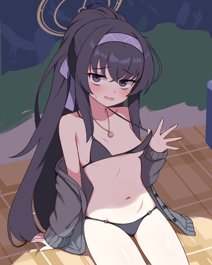 1girl :d arm_support bikini black_bikini black_eyes black_hair blue_archive blush breasts brown_halo cardigan collarbone crossed_bangs dot_nose grey_cardigan hair_between_eyes hairband halo highres io9 jewelry long_hair long_sleeves looking_at_viewer navel necklace o-ring o-ring_bikini open_cardigan open_clothes open_mouth ponytail purple_hairband sidelocks sitting small_breasts smile solo sweatdrop swimsuit towel ui_(blue_archive) ui_(swimsuit)_(blue_archive) very_long_hair wavy_hair