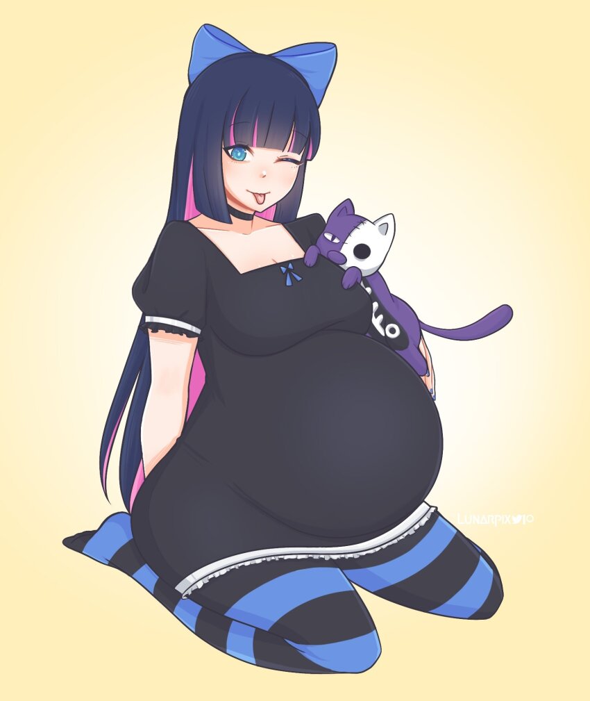 1girl artist_name commentary english_commentary highres honekoneko_(psg) lunarpix_(artist) one_eye_closed panty_&amp;_stocking_with_garterbelt pregnant smile stocking_(psg) striped_clothes striped_thighhighs stuffed_animal stuffed_cat stuffed_toy thighhighs tongue tongue_out