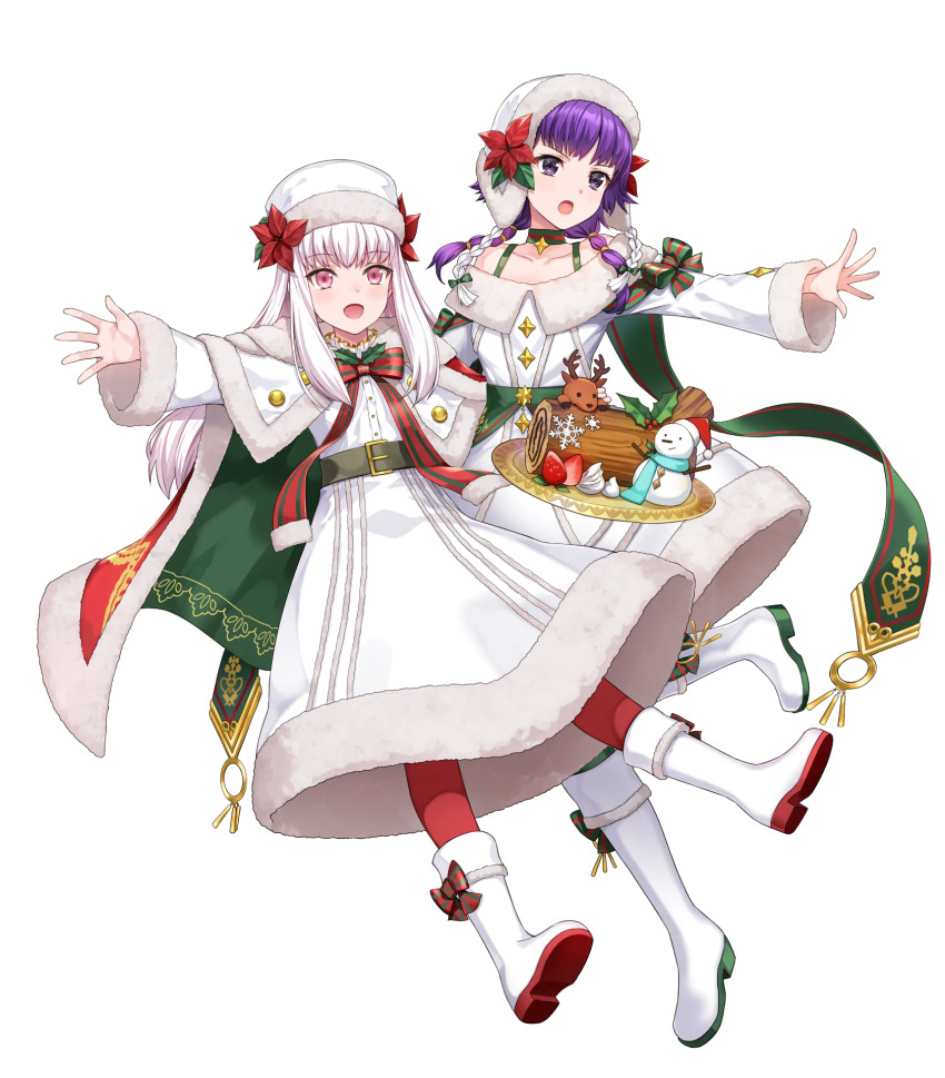 2girls amagai_tarou belt boots bow braid cape choker collarbone fire_emblem fire_emblem:_the_sacred_stones fire_emblem:_three_houses fire_emblem_heroes floating floating_object food fruit full_body fur_trim hat highres knee_boots long_hair long_sleeves looking_away lute_(fire_emblem) lute_(winter)_(fire_emblem) lysithea_von_ordelia lysithea_von_ordelia_(winter) multiple_girls nintendo official_art open_mouth pantyhose purple_eyes purple_hair red_legwear snowman strawberry transparent_background white_hair