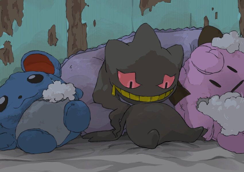 aomon_(yuuji7604) banette clefairy colored_sclera dirty gen_1_pokemon gen_2_pokemon gen_3_pokemon gold_teeth grin highres marill nintendo no_humans pillow poke_toy pokemon pokemon_(creature) pokemon_focus red_sclera smile stuffed_animal stuffed_toy stuffing torn zipper zipper_pull_tab |_|