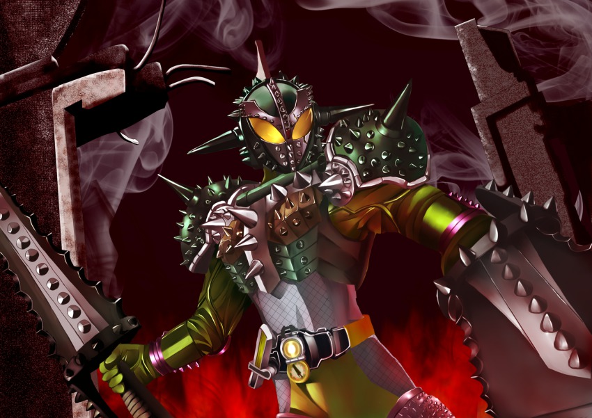1boy armor belt dual_wielding durian holding inochi_(den-o08) kamen_rider kamen_rider_bravo kamen_rider_gaim_(series) male_focus mask solo spikes sword weapon
