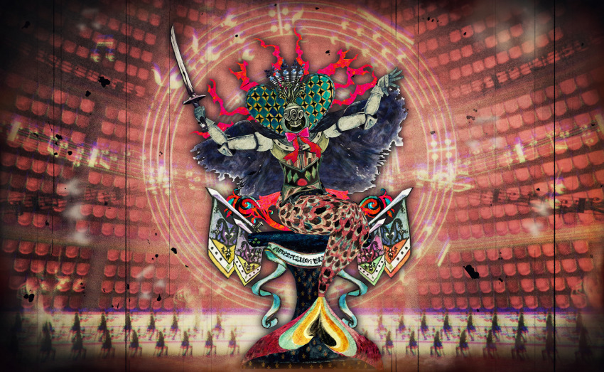 abstract artist_request banner blue_cape bow bowtie cape choir creature creature_focus film_grain fins fish_tail game_cg helm helmet highres holding holding_sword holding_weapon instrument madoka_runes mahou_shoujo_madoka_magica mahou_shoujo_madoka_magica_magia_exedra medici_collar mermaid monster_girl no_humans official_art oktavia_von_seckendorff on_chair on_rock on_stool outstretched_arms pink_bow pink_bowtie sitting solo sword tail torn_cape torn_clothes violin weapon witch&#039;s_labyrinth witch_(madoka_magica)