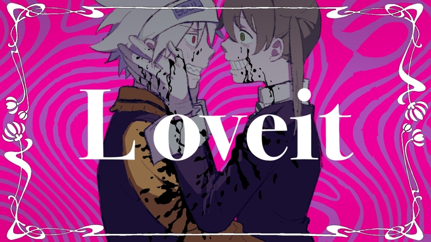 1boy 1girl black_jacket brown_hair chinese_commentary clenched_teeth commentary_request green_eyes grin hands_on_another&#039;s_cheeks hands_on_another&#039;s_face headband highres jacket long_sleeves loveit?_(biz) maka_albarn pink_background rice_(somasuki_77) sharp_teeth shirt short_hair smile soul_eater soul_evans teeth wavy_background white_hair white_headband white_shirt