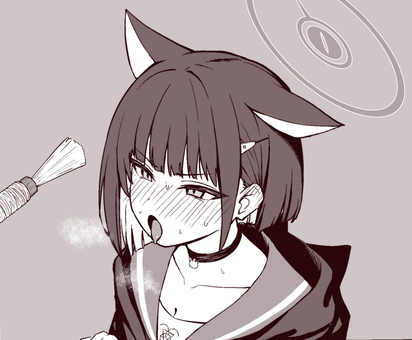 1girl animal_ears black_hair black_hoodie blue_archive blush cat_choker cat_ears cat_girl cat_teaser choker collarbone colored_inner_animal_ears colored_inner_hair extra_ears grey_background hair_ornament hairclip halo highres hood hoodie instrument kazusa_(blue_archive) monochrome multicolored_hair neckerchief open_mouth sailor_collar school_uniform short_hair simple_background solo sweat tongue tongue_out two-tone_hair yusang