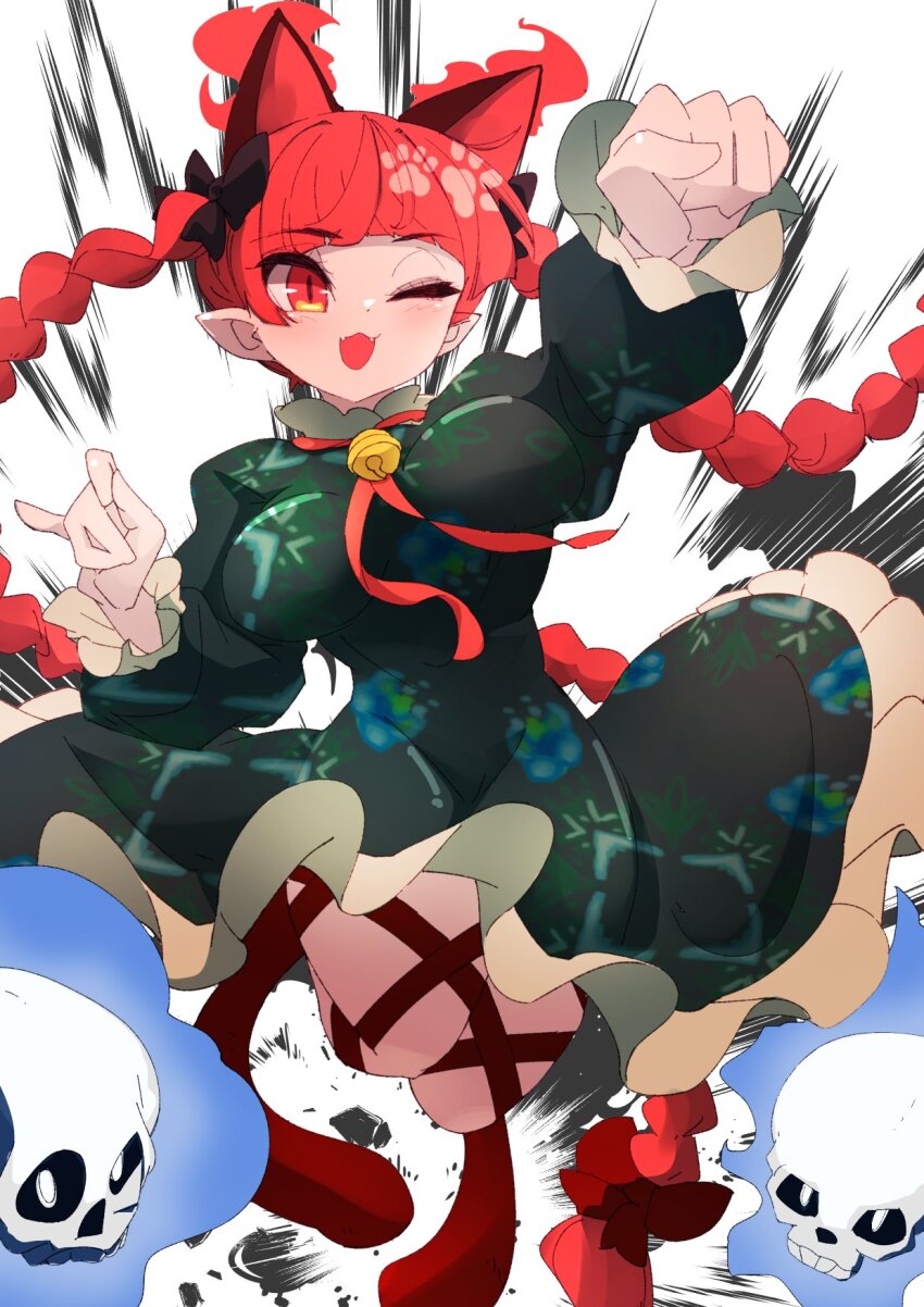 1girl :3 :d ;d animal_ears black_bow bow braid cat_ears cat_girl cat_tail commentary_request dress extra_ears fangs full_body green_dress hair_bow highres kaenbyou_rin leg_ribbon long_hair multiple_tails one_eye_closed open_mouth pointy_ears red_eyes red_hair ribbon ryouryou side_braids simple_background skull smile solo tail touhou twin_braids two_tails very_long_hair white_background