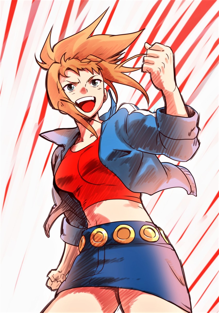 1girl aoba_(smartbeat) blue_skirt breasts clenched_hands denim denim_skirt female_focus green_eyes highres long_hair midriff miniskirt multiple_girls my-hime navel orange_hair ponytail red_tank_top skirt smile solo sugiura_midori tank_top