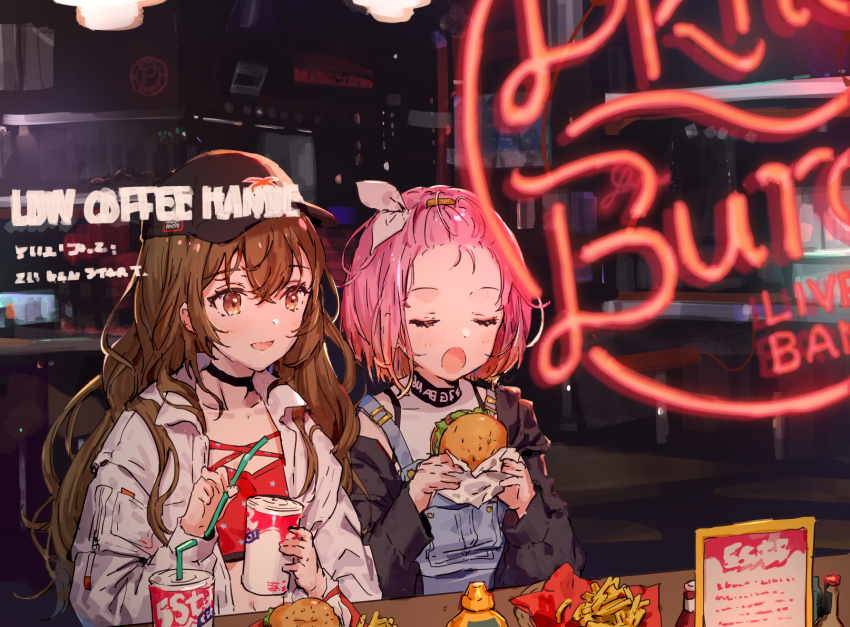 2girls :d bangs_pinned_back baseball_cap black_hat black_jacket blush breasts brown_eyes brown_hair burger closed_eyes collarbone commentary_request cup d4dj disposable_cup drinking_straw eating fast_food food hair_between_eyes hat highres holding holding_burger holding_cup holding_food inuyose_shinobu jacket long_hair long_sleeves multiple_girls navel open_clothes open_jacket open_mouth pink_hair short_hair small_breasts smile white_jacket yamate_kyouko yutsumoe