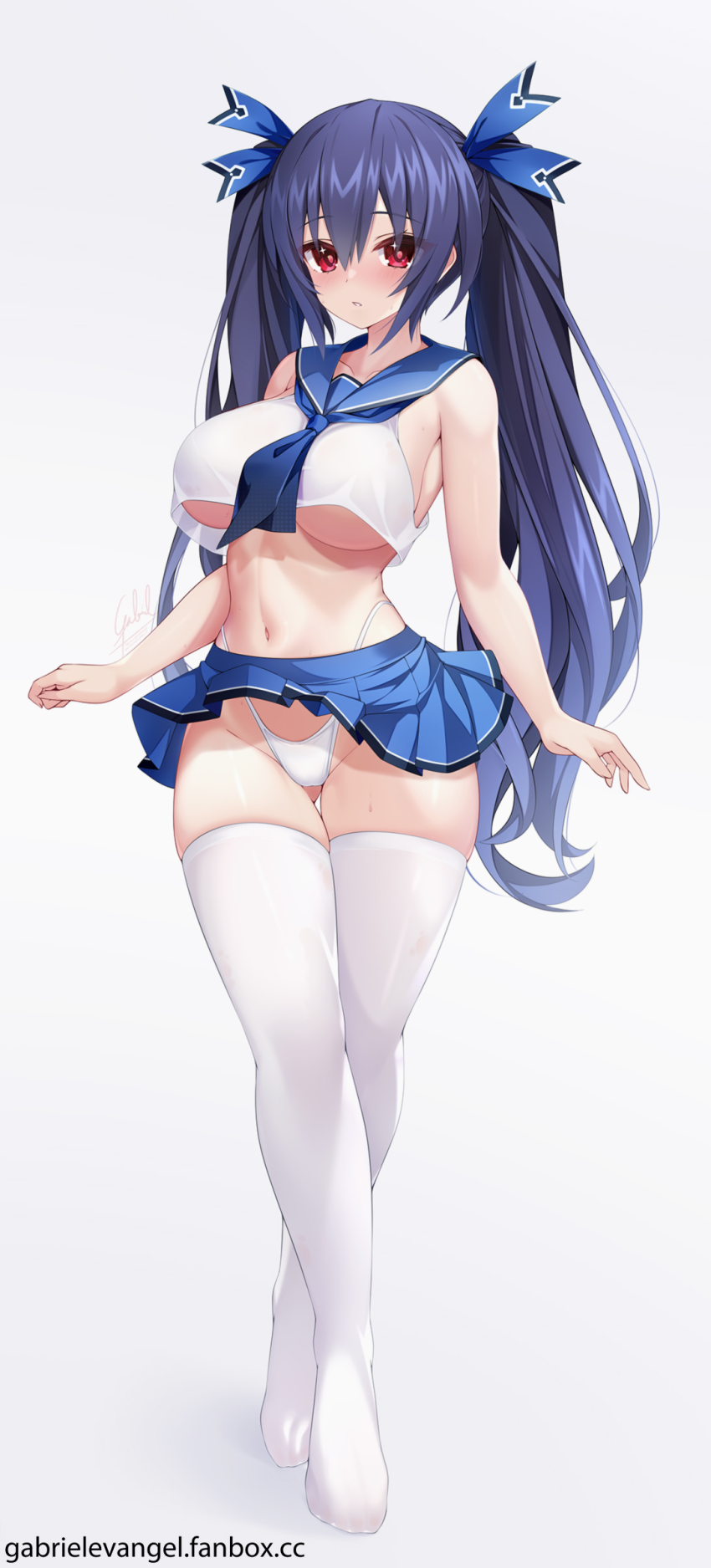 1girl absurdres alternate_costume bikini bikini_bottom_only blue_neckerchief blue_ribbon blue_sailor_collar blue_skirt blush breasts choujigen_game_neptune collarbone crop_top crop_top_overhang gabriel_evangel gluteal_fold hair_ribbon highres large_breasts long_hair looking_at_viewer miniskirt navel neckerchief neptune_(series) no_shoes noire_(neptunia) parted_lips pleated_skirt purple_hair red_eyes ribbon sailor_collar signature simple_background skirt sleeveless swimsuit thigh_gap thighhighs twintails underboob upskirt very_long_hair white_background white_bikini white_thighhighs