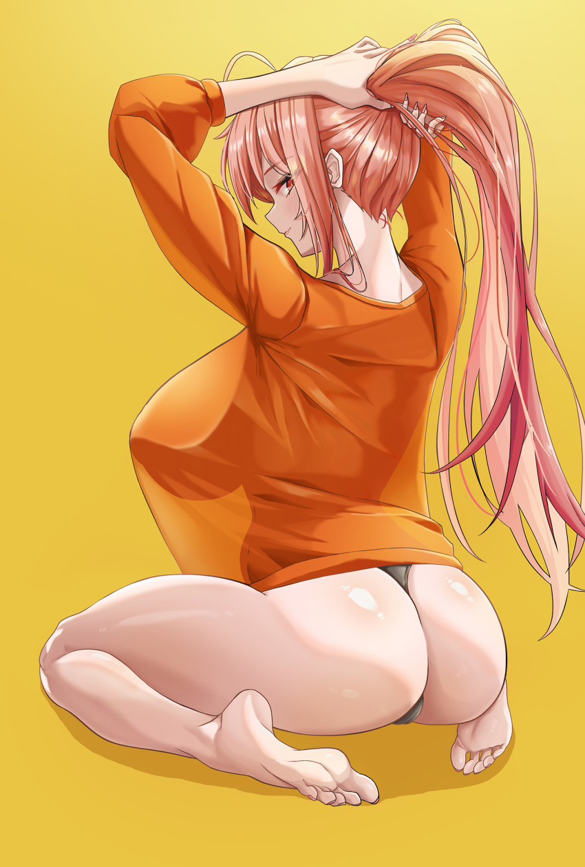 1girl arms_up ass bare_legs barefoot black_panties breasts closed_mouth commentary_request from_behind full_body gradient_hair highres hololive hololive_dev_is huge_breasts ichijou_ririka kennedukennedy1 light_smile long_hair looking_at_viewer looking_back multicolored_hair no_pants orange_eyes orange_hair orange_shirt paid_reward_available panties pink_hair ponytail see-through_silhouette shirt simple_background sitting soles solo thighs thong three-quarter_sleeves tying underwear virtual_youtuber yellow_background