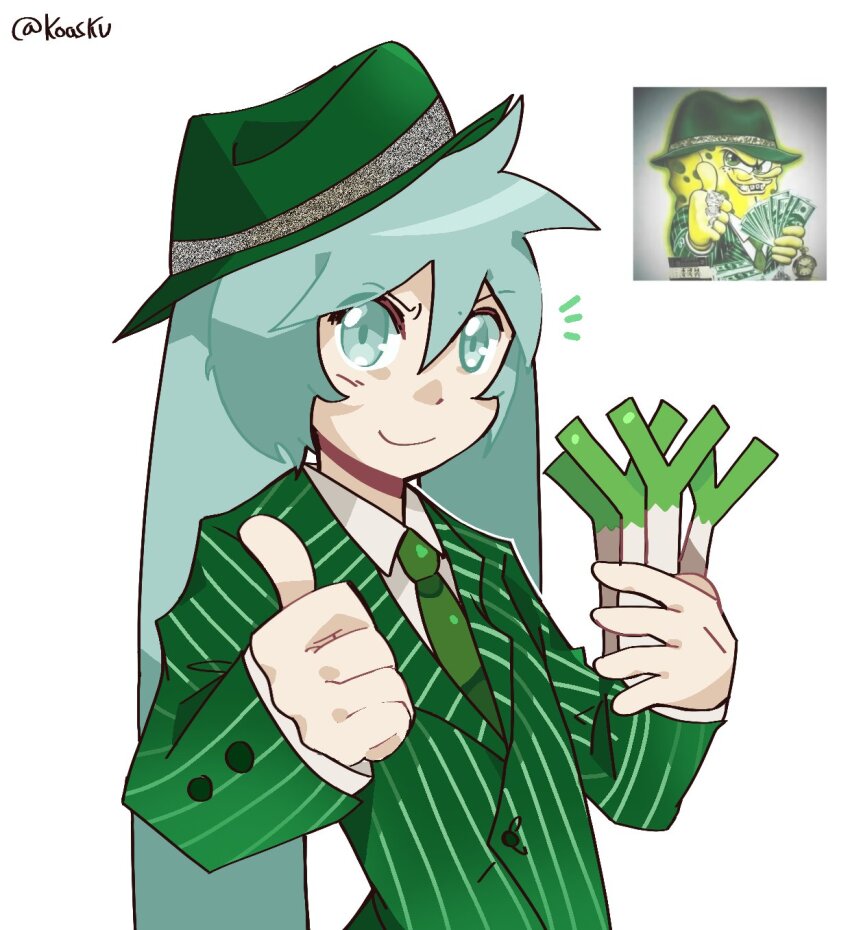 1girl aqua_eyes aqua_hair artist_name closed_mouth collared_shirt fedora food formal_clothes gangster_spongebob_(meme) green_hat green_jacket green_necktie hands_up hat hatsune_miku highres holding holding_food holding_spring_onion holding_vegetable jacket koasku long_sleeves looking_at_viewer meme necktie notice_lines reference_inset shirt simple_background smile solo spongebob_squarepants spongebob_squarepants_(series) spring_onion striped_clothes striped_jacket suit thumbs_up twintails upper_body v-shaped_eyebrows vegetable vocaloid white_background white_shirt