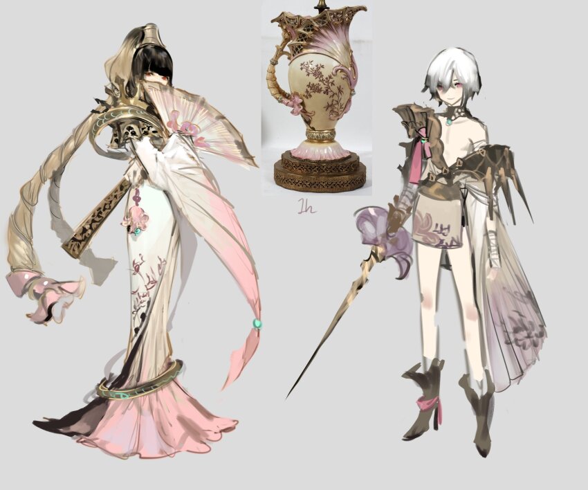 1boy 1girl bandaged_arm bandaged_wrist bandages black_hair blunt_bangs boots choker dress dual_wielding full_body furisode grey_background hagoromo hand_fan high_heel_boots high_heels highres hiki_furisode holding holding_fan holding_sword holding_weapon japanese_clothes kimono kuzuvine loincloth long_dress original personification photo_inset red_eyes reference_inset shawl shrug_(clothing) side_cape simple_background single_off_shoulder sketch smile split_ponytail sword three_quarter_view weapon white_background white_hair wide_sleeves