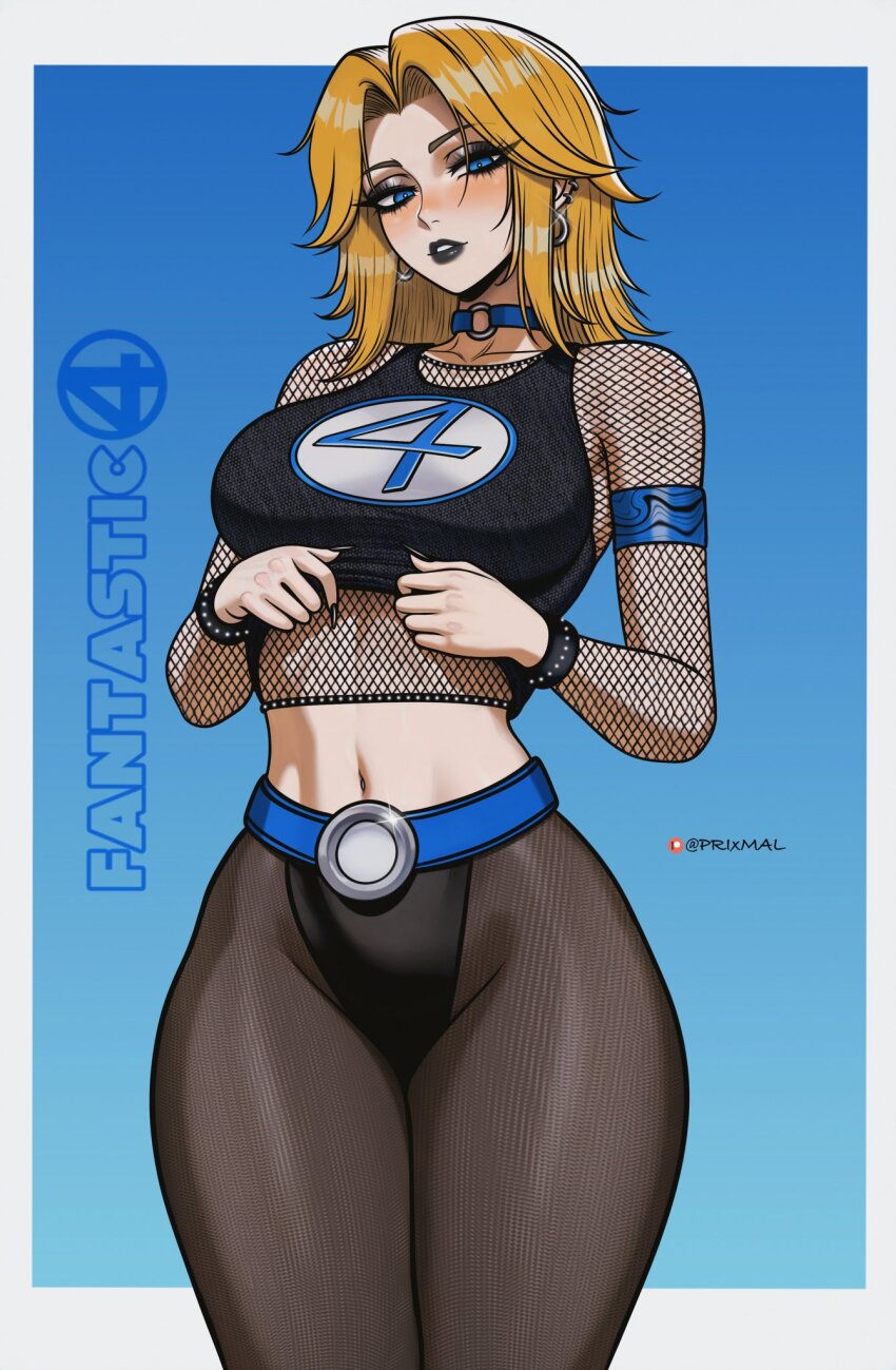 1girl ai-assisted alternate_costume artist_name black_lips black_nails blonde_hair blue_background blue_choker blue_eyes breasts choker collarbone commentary earrings english_commentary english_text eyelashes fantastic_four fingernails fishnets highres jewelry long_hair marvel navel original pantyhose parted_bangs parted_lips prixmal sharp_fingernails simple_background solo sparkle standing stomach sue_storm