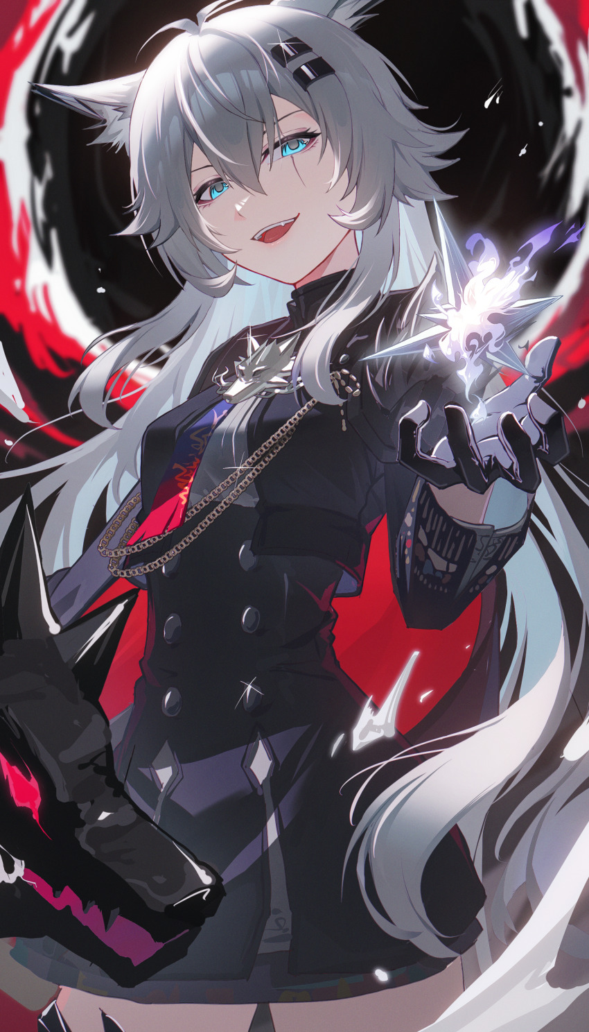 1girl absurdres aiguillette animal_ears antenna_hair arknights black_gloves black_jacket black_skirt buttons cape commentary cropped_jacket double-breasted english_commentary enoharatoki gloves gradient_necktie grey_eyes grey_hair grey_shirt grin hair_between_eyes hair_ornament hairclip high-waist_skirt highres jacket lappland_(arknights) lappland_the_decadenza_(arknights) long_hair long_sleeves looking_at_viewer material_growth multicolored_necktie necktie official_alternate_costume open_clothes open_jacket oripathy_lesion_(arknights) red_cape scar scar_across_eye scar_on_face shirt sidelocks single_shoulder_pad skirt smile solo two-tone_necktie wolf_brooch wolf_ears wolf_girl