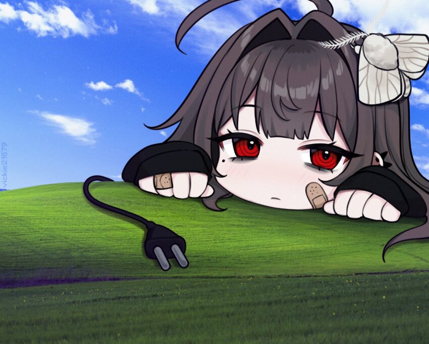 1girl ahoge animal animal_on_head bandaid bandaid_on_cheek bandaid_on_face bandaid_on_hand bliss_(image) blue_sky brown_hair bug cable cable_tail closed_mouth cloud electric_plug electric_plug_tail grass hair_intakes hill insect long_sleeves looking_at_viewer mechanical_tail mole mole_under_eye moth on_head original red_eyes sky sleeves_past_wrists solo tail vickie_(cryingrobot) vickie_(cryingrobot)_(character)