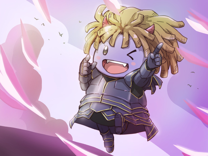 &gt;_o 1girl ;d arm_up armor black_armor blonde_hair blush_stickers colored_skin commentary_request dragon_quest dragon_quest_x dreadlocks fangs foot_up grey_eyes highres horns icorasama index_finger_raised looking_at_viewer looking_to_the_side medium_hair one_eye_closed open_mouth pink_background purple_background purple_skin red_horns smile solo webney_(dq10)