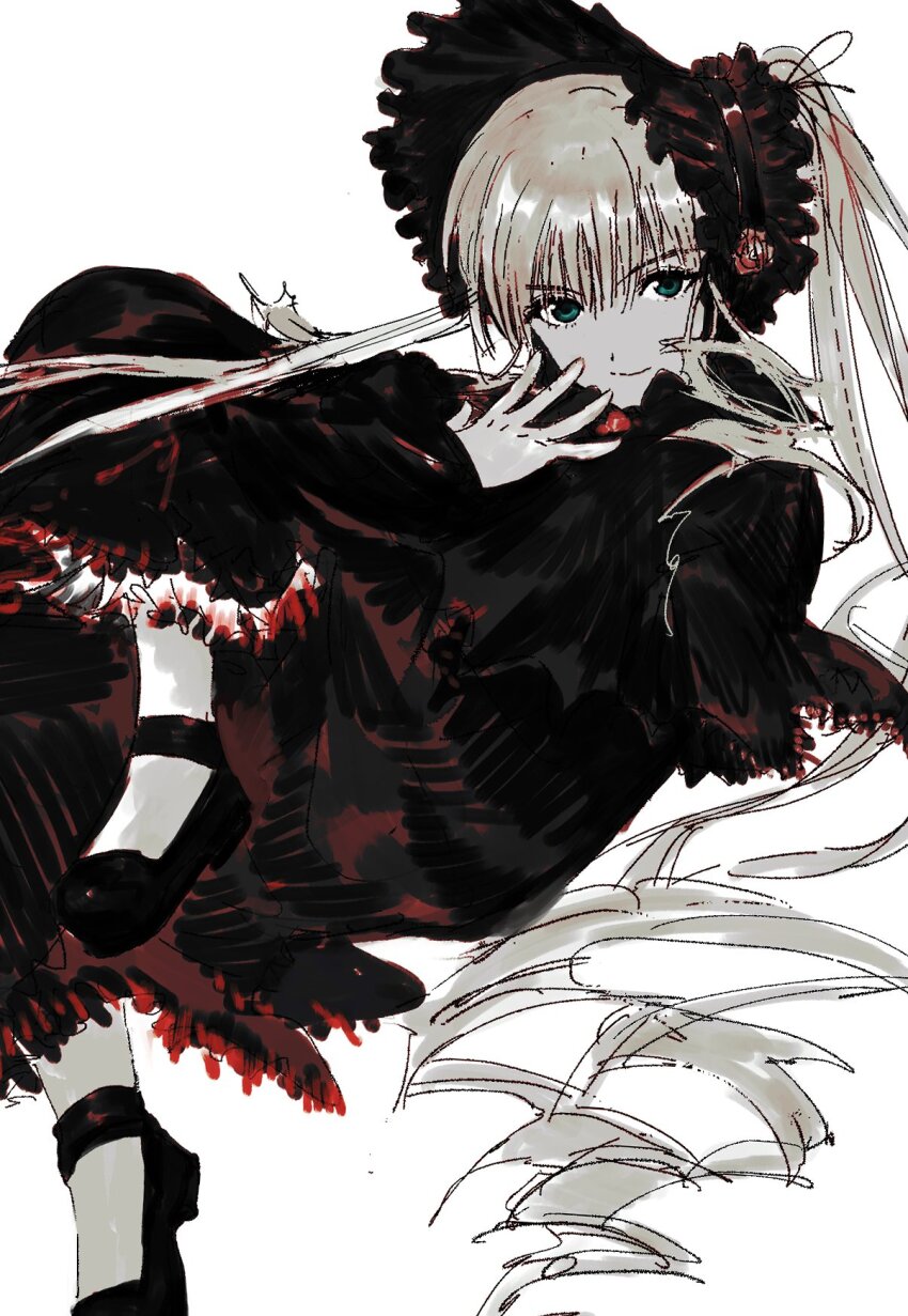 1girl blonde_hair bonnet capelet commentary dress floating green_eyes hair_between_eyes highres lolita_fashion long_hair long_sleeves looking_at_viewer my_nameisyoon pantyhose red_dress ringlets rozen_maiden shinku shoes simple_background sketch smile solo symbol-only_commentary twintails very_long_hair white_background