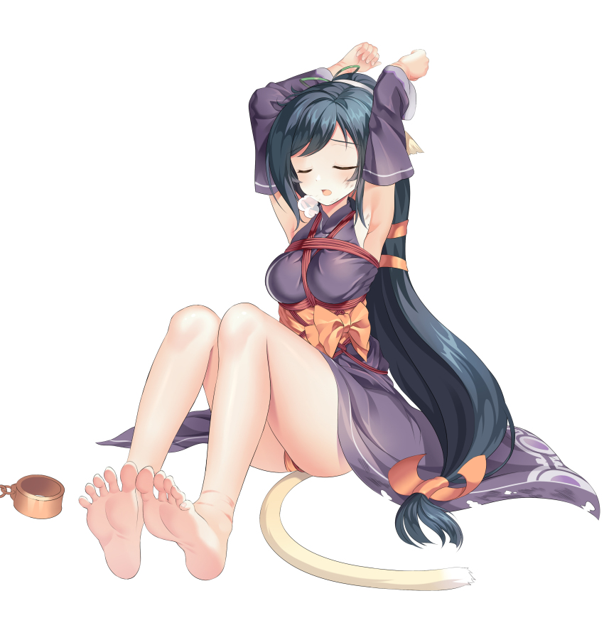 1girl absurdres angry animal_ears armpits arms_up artist_request bare_legs barefoot bdsm black_hair bondage bound breasts bruise cat_tail closed_eyes commission commissioner_upload crotch_rope cuffs detached_sleeves dirty dirty_face feet gag highres injury jewelry kuon_(utawarerumono) long_hair low-tied_long_hair medium_breasts no_shoes panties restrained rope sash shackles shibari shibari_over_clothes sigh sitting soles solo tail thighs toes underwear utawarerumono white_background