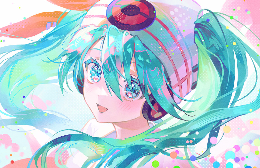 1girl beanie floating_hair fymrie green_eyes green_hair hair_between_eyes hair_ribbon hat hatsune_miku headphones looking_at_viewer nintendo open_mouth orange_ribbon pokemon project_voltage psychic_miku_(project_voltage) ribbon shirt solo twintails vocaloid white_hat white_shirt