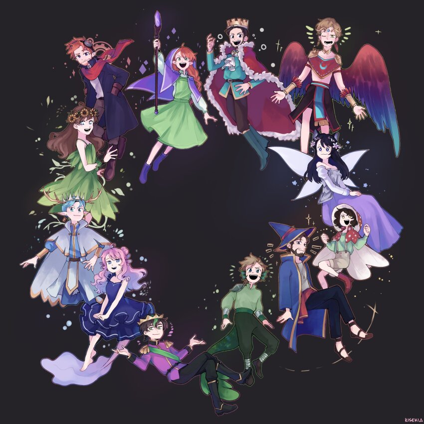 5girls 6+boys adapted_costume alternate_costume animal_ears antlers axolotl_girl beard bird_wings boots braid cape cat_ears cat_girl circle_formation crown dress elf empires_smp everyone facial_hair fairy fairy_wings fins fish_boy fish_tail flower fwhip fwhip_(count) gears geminitay geminitay_(wizard) goggles head_fins highres horns joey_graceffa joey_graceffa_(jungle_emperor) katherine_elizabeth katherine_elizabeth_(house_blossom) king kisekiii_25 ldshadowlady ldshadowlady_(ocean_queen) long_hair minecraft_youtube multiple_boys multiple_girls mushroom_hat mythicalsausage mythicalsausage_(lord) orange_hair pearlescentmoon pearlescentmoon_(farmer) pink_hair pixlriffs pixlriffs_(copper_king) pointy_ears shrub_berry shrugging shubble sitting smajor1995 smajor1995_(rivendell) smallishbeans smallishbeans_(mezalea) solidaritygaming solidaritygaming_(codfather) sunflower tail wings wizard