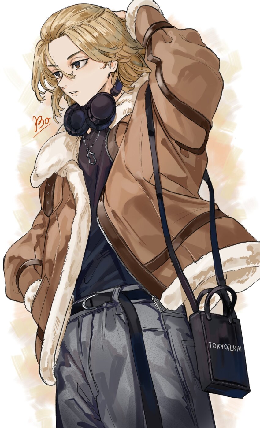 1boy belt black_belt black_eyes blank_eyes blonde_hair bo_1125359 empty_eyes fur-trimmed_jacket fur_trim grey_pants headphones headphones_around_neck highres jacket jewelry long_sleeves male_focus medium_hair necklace pants sano_manjirou swastika tokyo_revengers