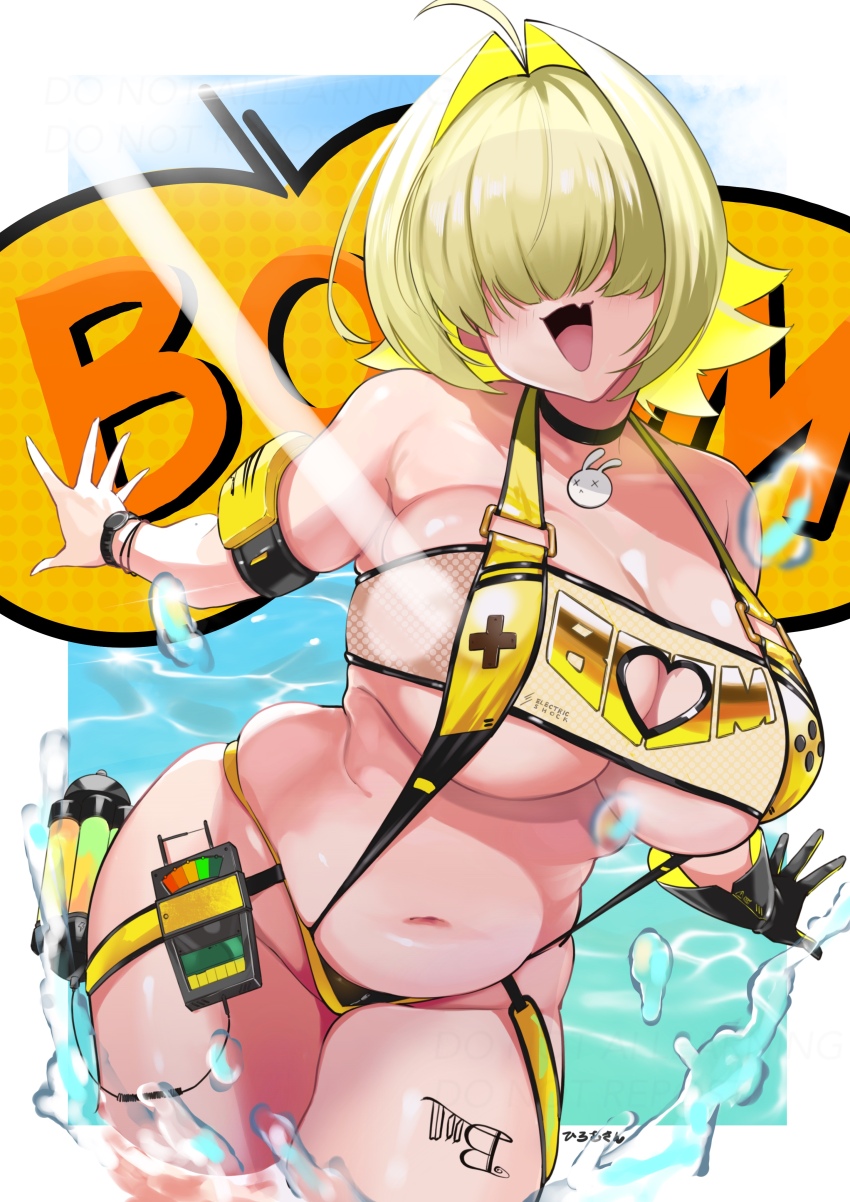 1girl absurdres ahoge blonde_hair blush breasts clothing_cutout elegg_(boom_and_shock)_(nikke) elegg_(nikke) fang gloves goddess_of_victory:_nikke hair_intakes hair_over_eyes heart_cutout highres hiromusan large_breasts leg_tattoo long_bangs multicolored_gloves multicolored_hair navel open_mouth plump see-through_slingshot_swimsuit shiny_skin short_hair skindentation slingshot_swimsuit smile solo standing stomach swimsuit tattoo thighs two-sided_gloves two-tone_hair underboob water yellow_slingshot_swimsuit
