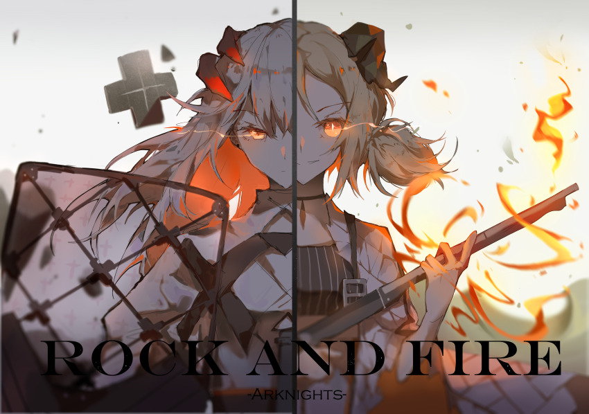 2girls absurdres argyle_clothes argyle_jacket arknights assault_rifle black_hair black_shirt blonde_hair bright_pupils chinese_commentary closed_mouth colored_inner_hair commentary_request crop_top determined dinned dragon_horns english_text fire flaming_eye floating_clothes floating_hair grey_background gun hair_between_eyes highres holding holding_gun holding_weapon horns ifrit_(arknights) jacket long_hair long_sleeves low_ponytail multicolored_hair multiple_girls open_clothes open_jacket orange_eyes orange_hair parted_lips ponytail rifle saria_(arknights) shield shirt short_ponytail slit_pupils smirk split_theme striped_clothes striped_shirt vertical-striped_clothes vertical-striped_shirt weapon white_hair white_jacket white_pupils wide_sleeves