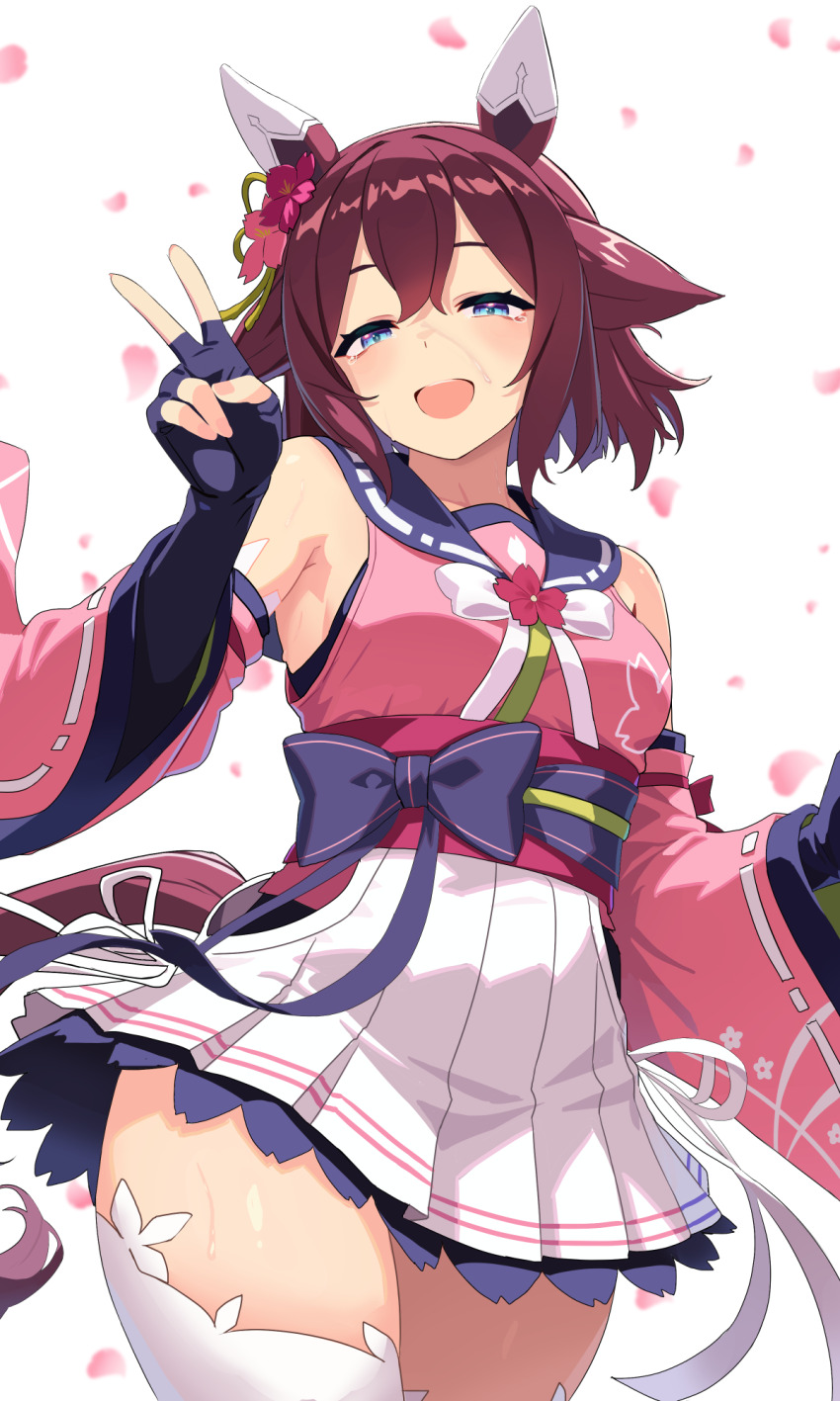 1girl :d animal_ears black_gloves brown_hair commentary_request detached_sleeves fingerless_gloves gloves highres horse_ears looking_at_viewer open_mouth reibun_(raven1119) sakura_chiyono_o_(umamusume) short_hair smile solo thighhighs thighs umamusume v white_thighhighs zettai_ryouiki