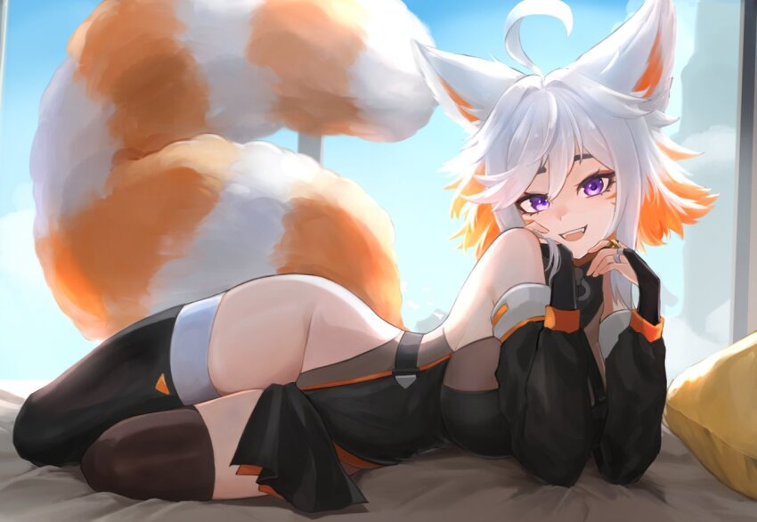 ahoge animal_ears bed breasts curvy demenishki fingerless_gloves fluffy gloves hand_on_own_face hip_focus indie_virtual_youtuber large_breasts legs lying medium_hair multicolored_hair on_side orange_hair pillow purple_eyes red_panda_girl red_panda_tail smile tail thick_thighs thighs two-tone_hair virtual_youtuber white_hair xiaoxia0p