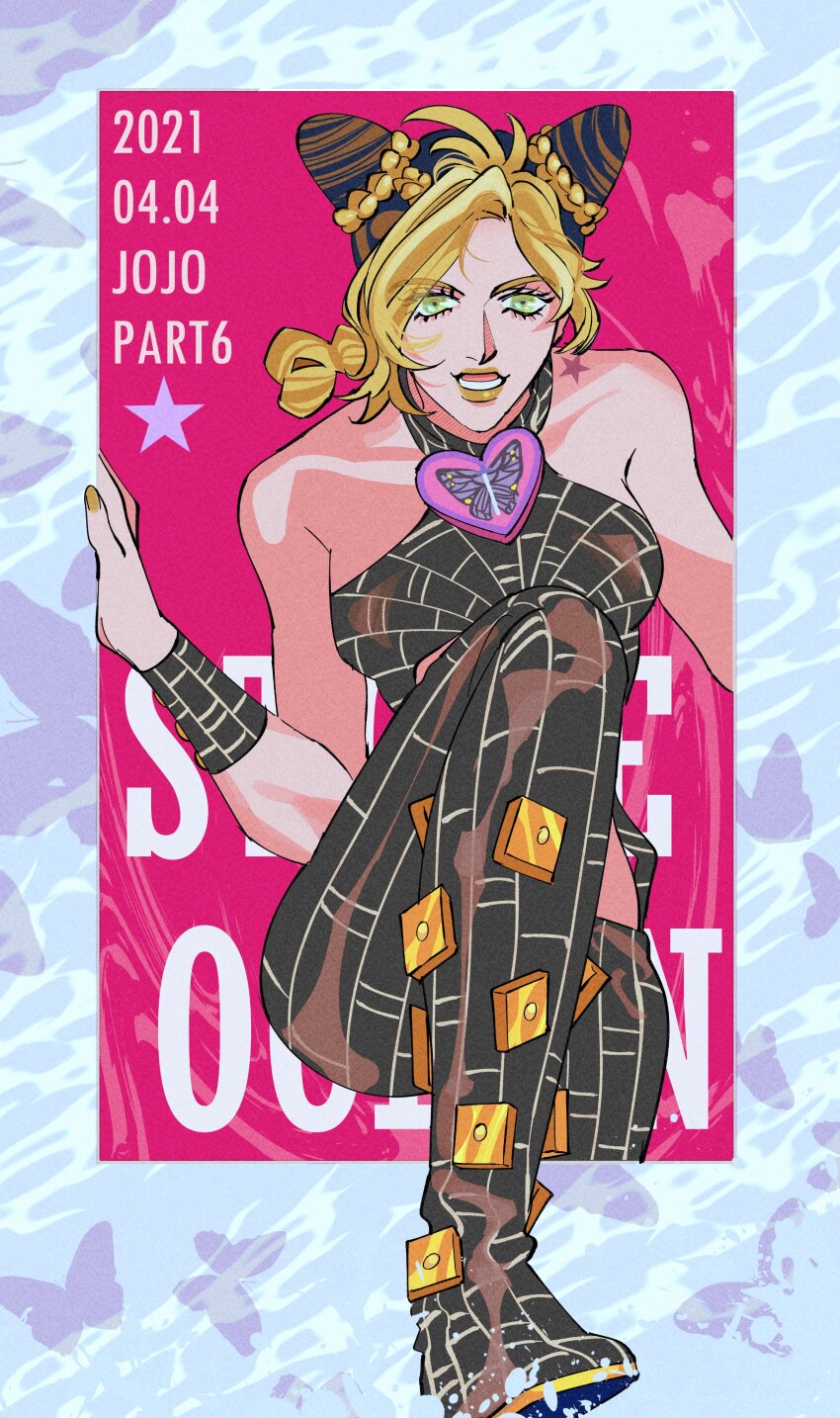 absurdres bare_shoulders birthmark black_hair black_pants blonde_hair braid braided_bun braided_ponytail breasts bug butterfly commentary copyright_name danggo99 dated double_bun hair_bun halterneck hashtag-only_commentary highres insect joestar_birthmark jojo_no_kimyou_na_bouken kuujou_jolyne lower_teeth_only medium_breasts multicolored_hair open_mouth pants smile star_(symbol) stone_ocean teeth two-tone_hair wristband