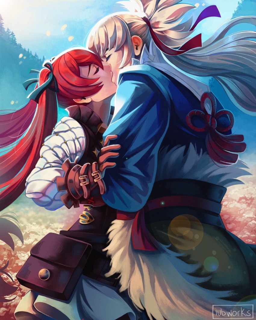 1boy ayuuniiart couple fire_emblem fire_emblem_fates grey_hair hair_ribbon hetero highres japanese_clothes kiss long_hair nintendo outdoors ponytail red_hair red_ribbon ribbon selena_(fire_emblem_fates) takumi_(fire_emblem) twintails