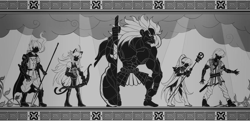 2girls 3boys absurdres animal_ears atalanta_(fate) bow cat_ears cat_girl cat_tail cigarette cloud fate/grand_order fate/stay_night fate_(series) hector_(fate) heracles_(fate) highres higureroom holding holding_polearm holding_weapon jason_(fate) lance long_hair medea_(fate) medea_lily_(fate) multiple_boys multiple_girls plant polearm sword tail vines weapon