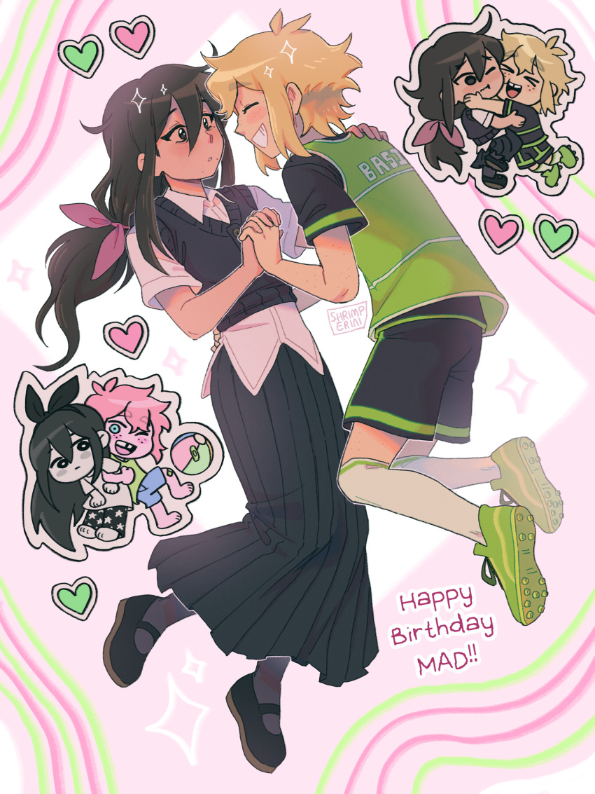 1boy 1girl alternate_costume alternate_eye_color alternate_hair_color aubrey_(faraway)_(omori) aubrey_(omori) basil_(faraway)_(omori) basil_(omori) black_eyes black_hair black_shirt black_skirt black_sweater_vest blonde_hair chibi cleats closed_eyes closed_mouth collared_shirt green_footwear grin hair_ribbon highres kneehighs long_hair long_skirt looking_at_another omori parted_lips pink_ribbon pleated_skirt ribbon shirt shrimperini skirt smile socks sweater_vest teeth white_shirt white_socks