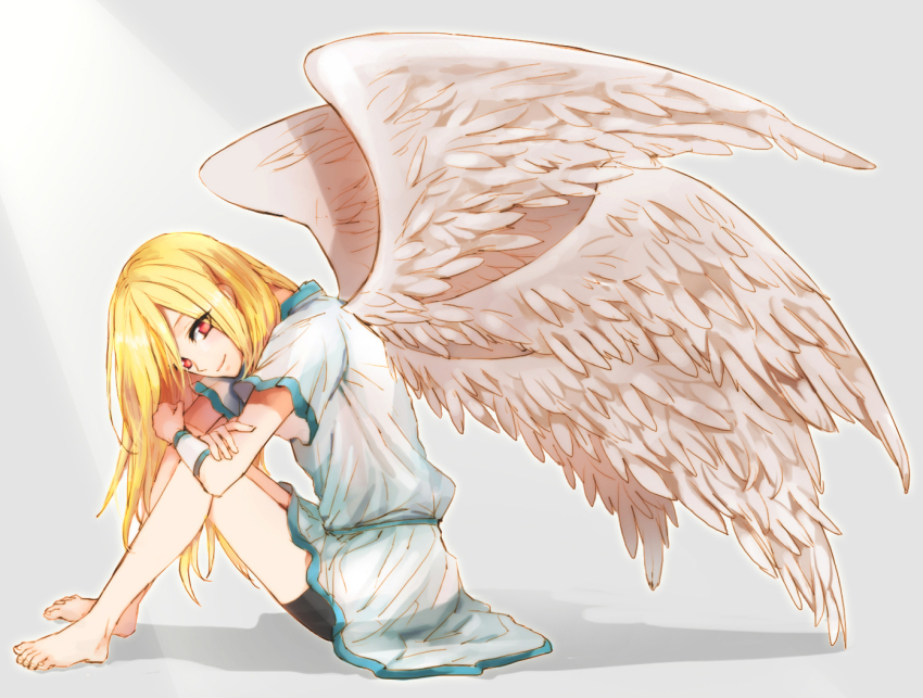 1boy afuro_terumi angel barefoot bike_shorts blonde_hair feathered_wings feet inazuma_eleven inazuma_eleven_(series) knees_up legs long_hair male_focus multiple_wings ozon red_eyes short_sleeves sitting smile solo toenails toes trap tunic white_background white_tunic white_wings wings