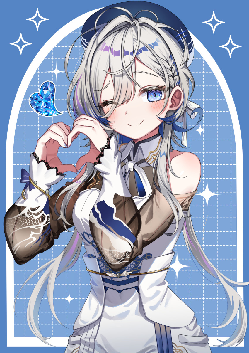 1girl absurdres bare_shoulders beret blue_background braid checkered_background commentary corset dress grey_hair hair_between_eyes hat heart heart_hands hebi_(vtuber) highres indie_virtual_youtuber jinggun long_hair looking_at_viewer multicolored_hair one_eye_closed ribbon see-through_clothes see-through_sleeves solo sparkle symbol-only_commentary virtual_youtuber white_corset white_dress