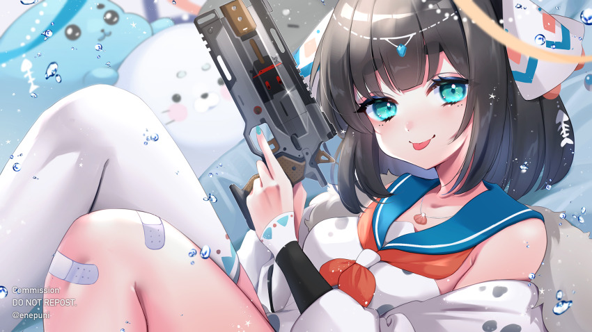 1girl apex_legends b3_wingman bandaid bandaid_on_knee bandaid_on_leg beimu_lakia_(vtuber) black_hair blue_eyes blue_eyeshadow blue_nails bob_cut breasts commentary commission eneru_(enepuni) english_commentary english_text eyeshadow gun hair_ribbon handgun highres holding holding_gun holding_weapon indie_virtual_youtuber jewelry makeup medium_breasts nail_polish neckerchief necklace orange_neckerchief revolver ribbon sailor_collar shell shell_necklace short_hair sitting skeb_commission smile solo stuffed_toy tongue tongue_out trigger_discipline twitter_username virtual_youtuber weapon white_ribbon