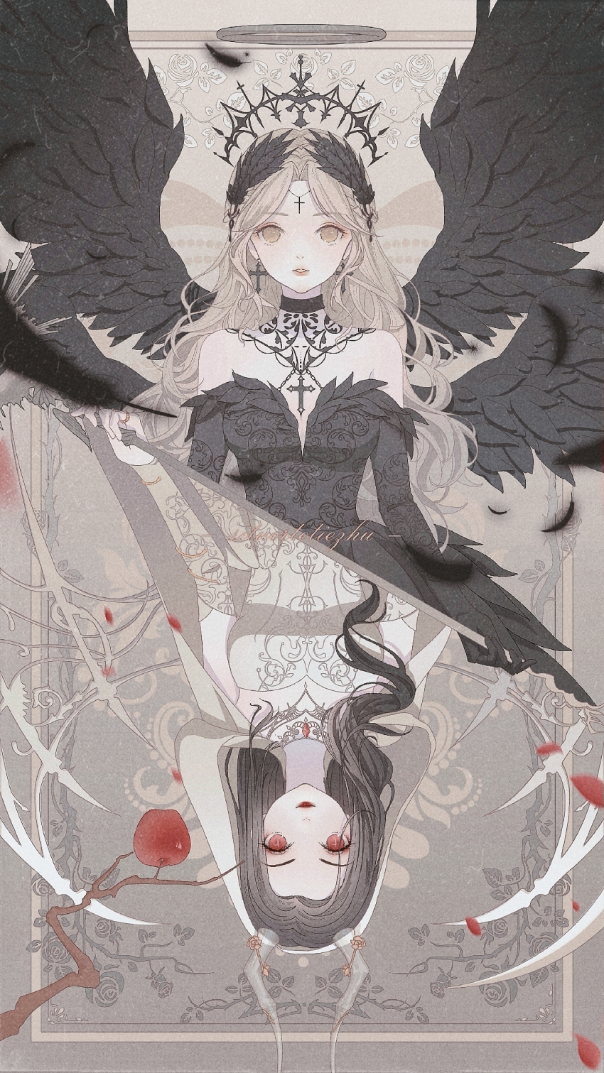 2girls a_gloomy_start_(shining_nikki) angel angel_and_devil angel_wings apple bare_shoulders black_collar black_crown black_dress black_hair black_wings blonde_hair branch brown_eyes card_(medium) chinese_commentary circlet closed_mouth collar commentary_request cross cross_necklace crown demon_girl demon_horns demon_wings detached_collar detached_sleeves dress dustless_feathers_(shining_nikki) feather-trimmed_dress feather_hair_ornament feathered_wings feathers flower_knot food fruit gown grey_background grey_halo grey_horns hair_ornament hair_over_shoulder halo highres holding holding_scythe horn_ornament horn_ribbon horns jewelry lace_collar lips lipstick long_dress long_hair long_sleeves looking_at_viewer makeup multiple_girls multiple_wings necklace nikki_(series) off-shoulder_dress off_shoulder outside_border parted_bangs parted_lips petals pink_lips red_eyes red_lips red_ribbon ribbon rose_petals scythe shining_nikki situ&#039;erte_tiezhu skeletal_wings split_theme straight-on strapless strapless_dress teeth traditional_halo upper_body upper_teeth_only upside-down veil very_long_hair wavy_hair white_dress white_sleeves white_veil white_wings wings