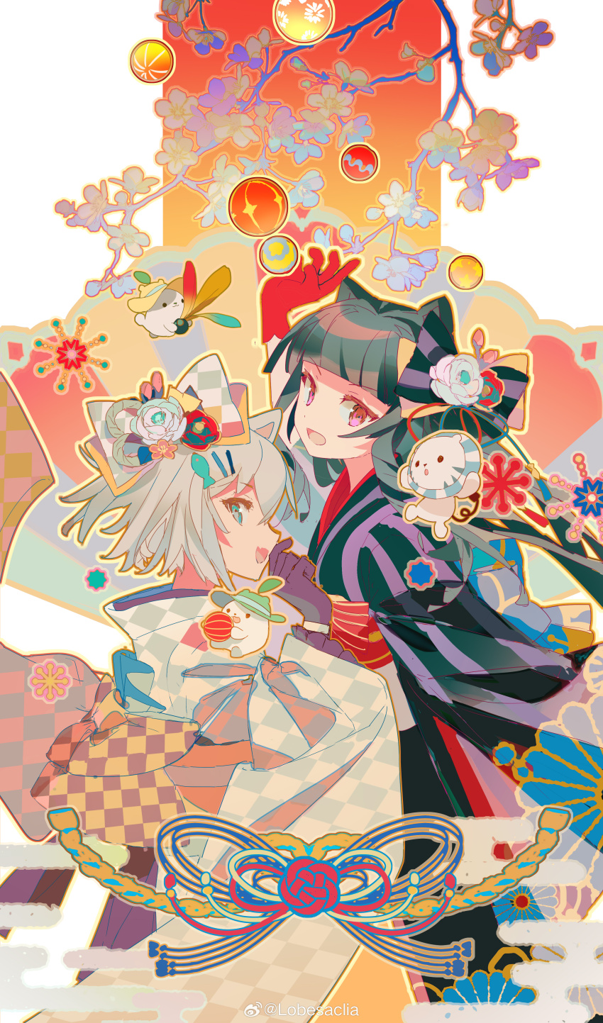 2girls absurdres animal_ears back_bow black_bow black_gloves black_hair black_kimono blue_eyes blunt_bangs bow branch camellia cat_ears cat_girl character_request checkered_bow checkered_clothes checkered_kimono cherry_blossoms chinese_commentary commentary_request cowboy_shot creature creature_on_shoulder fang fish_hair_ornament flower frilled_sleeves frills gloves grey_hair grey_ribbon hair_bow hair_flower hair_ornament hair_ribbon hairclip hand_on_own_face hand_up highres japanese_clothes kimono lobelia_(saclia) long_sleeves looking_at_viewer maimai_(game) multiple_girls new_year obi on_shoulder open_mouth outline pink_eyes pink_flower reaching red_flower red_gloves red_ribbon red_sash ribbon sash short_hair skin_fang smile standing striped_clothes striped_kimono unmoving_pattern vertical-striped_clothes vertical-striped_kimono watermark weibo_watermark white_background white_bow white_flower white_kimono wide_sleeves xiangyun yellow_bow yellow_outline yellow_sash