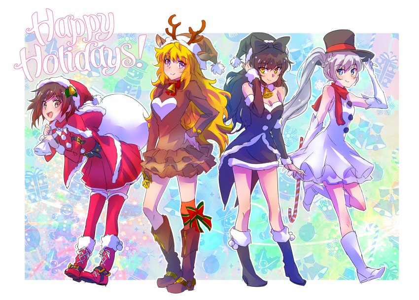 4girls ahoge animal_costume animal_ears antlers bag bare_shoulders bell belt belt_buckle black_dress black_hair black_santa_costume blake_belladonna blonde_hair blue_eyes blush boots breasts buckle candy candy_cane christmas cleavage cloak closed_mouth dress elbow_gloves english_text food full_body gloves gradient_hair grey_eyes hair_ribbon hand_in_own_hair hand_on_own_hip hand_up happy hat heart heart_print highres holding holding_bag holding_sack holding_unworn_clothes holding_unworn_hat hood hooded_cloak horns iesupa leaning_forward leg_ribbon leg_up long_hair long_sleeves looking_at_viewer looking_to_the_side multicolored_hair multiple_girls open_mouth ponytail prosthesis prosthetic_arm purple_eyes red_hair reindeer_costume ribbon ruby_rose rwby sack santa_costume scar scar_across_eye scar_on_face short_hair side_ponytail skirt sleeveless sleeveless_dress smile snowman_costume standing team teeth thighhighs tiara tongue two-tone_hair unworn_hat unworn_headwear very_long_hair wavy_hair weiss_schnee white_hair yang_xiao_long yellow_eyes